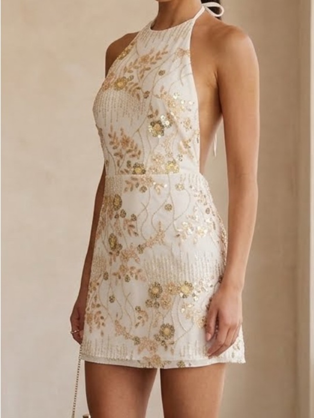 Stunning Beaded Sequin Halter Mini Dress – Champagne Gold – Size S